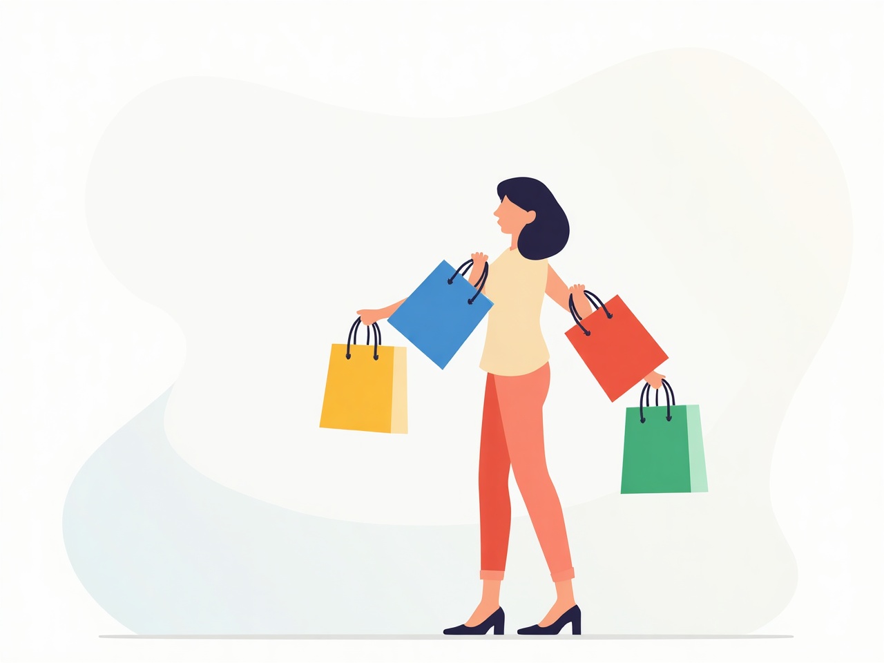 A shopper carrying colorful bags, helped by an AI assistant
